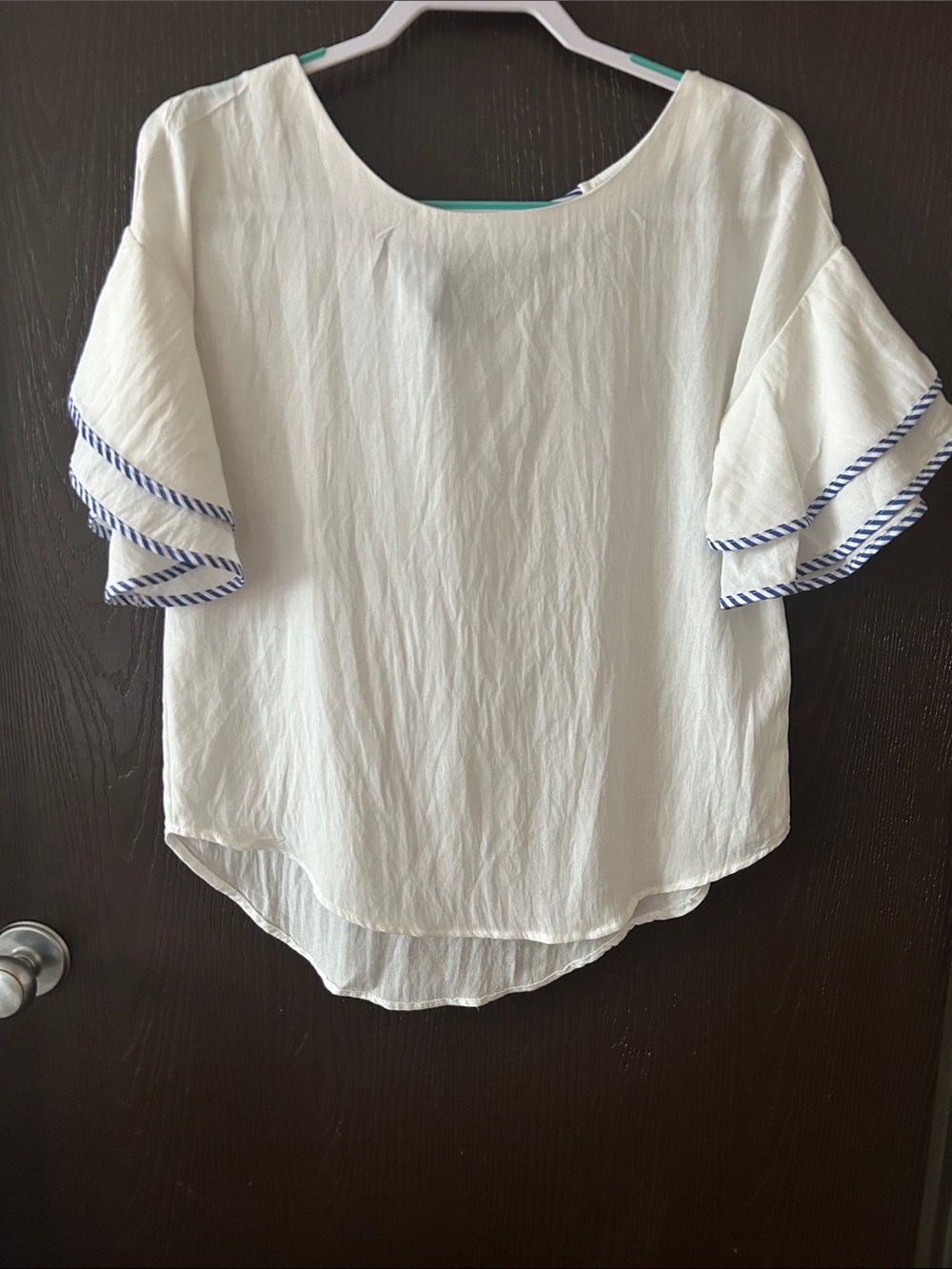 Polagram Boho-Chic White/Blue Stripe Relaxed Flowy Ruffle Sleeve Back Tie Blouse